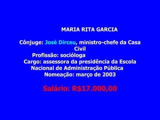   MARIA RITA GARCIA                         Cônjuge:  José Dirceu , ministro-chefe da Casa Civil Profissão: socióloga                            Cargo: assessora da presidência da Escola Nacional de Administração Pública         Nomeação: março de 2003 Salário: R$17.000,00 