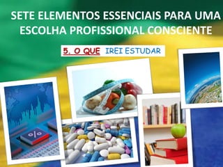 SETE ELEMENTOS ESSENCIAIS PARA UMA
 ESCOLHA PROFISSIONAL CONSCIENTE
        5. O QUE IREI ESTUDAR
 