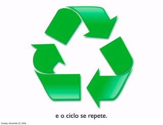 “trabalhe em algo que você
                            realmente goste e nunca mais tenha
                                   que trabalhar na vida”

                             http://www.ﬂickr.com/photos/mikedeﬁant/2321081904/
Monday, November 23, 2009
 