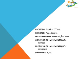 PROJECTO:  Escolhas D`Ouro MONITOR:  Paulo Saraiva DISTRITO DE IMPLEMENTAÇÃO:  Viseu CONCELHO DE IMPLEMENTAÇÃO:  Lamego FREGUESIA DE IMPLEMENTAÇÃO:  Almacave MEDIDAS:  I, III, IV. 