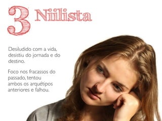 Niilista
Desiludido com a vida,
desistiu do jornada e do
destino.
Foco nos fracassos do
passado, tentou
ambos os arquétipos
anteriores e falhou.
3
 