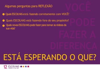 Algumas perguntas para REFLEXÃO
12 moldam a sua vida
PODE
ESCOLHAS
FAZER A
ESTÁ ESPERANDO O QUE?
QuaisESCOLHASestá fazendo corretamente com VOCÊ?
Quais ESCOLHAS está fazendo fora do seu propósito?
QuaisnovasESCOLHASpodefazerparatomarasrédeasda
suavida?
VOCÊ
DIFERENÇA
 