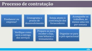 Processo de contratação
Freelancer ou
empresa?
Cronograma e
prazos de
desenvolvimento
Esteja atento à
contratação dos
fornecedores
Acompanhe os
trabalhos, ao
menos uma vez
por semana
Verifique como
será a entrega
dos serviços
Prepare-se para
receber a loja,
com leituras e
treinamentos
Organize-se para
o pré-operacional
 
