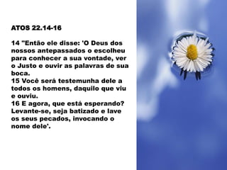 ATOS 22.14-1614 "Então ele disse: 'O Deus dos nossos antepassados o escolheu para conhecer a sua vontade, ver o Justo e ouvir as palavras de sua boca. 15 Você será testemunha dele a todos os homens, daquilo que viu e ouviu. 16 E agora, que está esperando? Levante-se, seja batizado e lave os seus pecados, invocando o nome dele'.