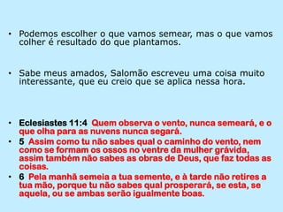 Podemos escolher o que vamos semear, mas o que vamos colher é resultado do que plantamos.Sabe meus amados, Salomão escreveu uma coisa muito interessante, que eu creio que se aplica nessa hora.Eclesiastes 11:4  Quem observa o vento, nunca semeará, e o que olha para as nuvens nunca segará.5  Assim como tu não sabes qual o caminho do vento, nem como se formam os ossos no ventre da mulher grávida, assim também não sabes as obras de Deus, que faz todas as coisas.6  Pela manhã semeia a tua semente, e à tarde não retires a tua mão, porque tu não sabes qual prosperará, se esta, se aquela, ou se ambas serão igualmente boas.