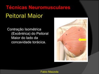 Técnicas Neuromusculares
Peitoral Maior

Contração Isométrica
  (Excêntrica) do Peitoral
  Maior do lado da
  concavidade torácica.




                     Fabio Mazzola
 
