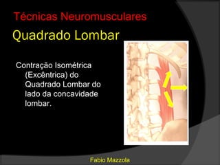 Técnicas Neuromusculares
Quadrado Lombar

Contração Isométrica
  (Excêntrica) do
  Quadrado Lombar do
  lado da concavidade
  lombar.




                  Fabio Mazzola
 