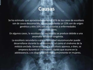 CausasSe ha estimado que aproximadamente un 65% de los casos de escoliosis son de causa desconocida, aproximadamente un 15% son de origen genético y otro 10% son secundarios a enfermedades neuromusculares.En algunos casos, la escoliosis de nacimiento se produce debido a una anomalía vertebral congénita.La escoliosis secundaria a una enfermedad neuromuscular puede desarrollarse durante la adolescencia, tal como el síndrome de la médula anclada.Generalmente, la escoliosis aparece, o bien, se empeora durante el crecimiento rápido que ocurre en la adolescencia, y es diagnosticada más comúnmente en mujeres.