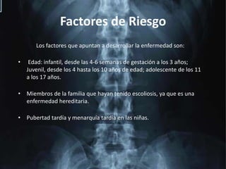 Factores de RiesgoLos factores que apuntan a desarrollar la enfermedad son: Edad: infantil, desde las 4-6 semanas de gestación a los 3 años; Juvenil, desde los 4 hasta los 10 años de edad; adolescente de los 11 a los 17 años.Miembros de la familia que hayan tenido escoliosis, ya que es una enfermedad hereditaria.Pubertad tardía y menarquía tardía en las niñas.