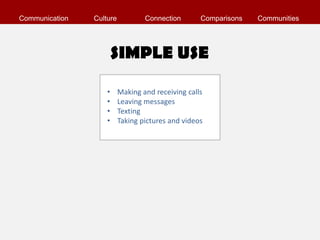 Communication   Culture           Connection       Comparisons   Communities




                        SIMPLE USE

                    •     Making and receiving calls
                    •     Leaving messages
                    •     Texting
                    •     Taking pictures and videos
 