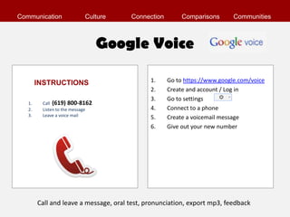 Communication              Culture     Connection        Comparisons       Communities



                                 Google Voice

        INSTRUCTIONS                          1.    Go to https://www.google.com/voice
                                              2.    Create and account / Log in
                                              3.    Go to settings
   1.    Call (619) 800-8162
   2.    Listen to the message                4.    Connect to a phone
   3.    Leave a voice mail                   5.    Create a voicemail message
                                              6.    Give out your new number




        Call and leave a message, oral test, pronunciation, export mp3, feedback
 