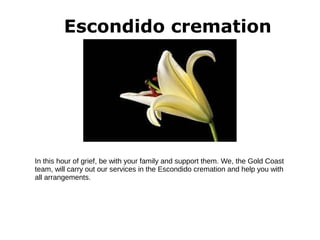 Escondido cremation
In this hour of grief, be with your family and support them. We, the Gold Coast
team, will carry out our services in the Escondido cremation and help you with
all arrangements.
 