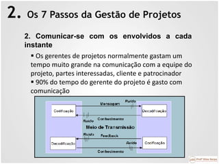 2. Os 7 Passos da Gestão de Projetos
2. Comunicar-se com os envolvidos a cada
instante
 Os gerentes de projetos normalmente gastam um
tempo muito grande na comunicação com a equipe do
projeto, partes interessadas, cliente e patrocinador
 90% do tempo do gerente do projeto é gasto com
comunicação
 