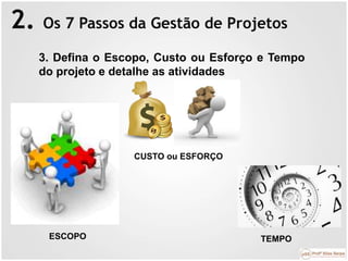 2. Os 7 Passos da Gestão de Projetos
3. Defina o Escopo, Custo ou Esforço e Tempo
do projeto e detalhe as atividades
ESCOPO
CUSTO ou ESFORÇO
TEMPO
 