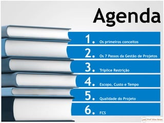 1. Os primeiros conceitos
2. Os 7 Passos da Gestão de Projetos
3. Tríplice Restrição
4. Escopo, Custo e Tempo
Agenda
5. Qualidade do Projeto
6. FCS
 