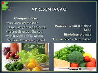 ComponentesComponentes
•Ana Carolina MacedoAna Carolina Macedo
•Jason Levy Reis de SouzaJason Levy Reis de Souza
•Taiane Silva dos SantosTaiane Silva dos Santos
•Victor Said dos S. SousaVictor Said dos S. Sousa
•Victória Benvenuto CabralVictória Benvenuto Cabral
Professora:Professora: Lúcia HelenaLúcia Helena
LeãoLeão
Disciplina:Disciplina: BiologiaBiologia
Turma:Turma: 5822 – Automação5822 – Automação
Vitamina B1Vitamina B1
 