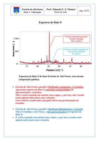 Escória de alto forno 
Parte 1 - Fabricação 
Prof.. Eduardo C. S. Thomaz 
Notas de aula 
pág. 16/51 
Espectros de Raio X 
Escória resfriada lentamente. 
Escória cristalina. 
Não é reativa ! 
Espectros de Raio X de duas Escórias de Alto Forno, com mesma 
composição química. 
 Escória de Alto Forno, quando é Resfriada Lentamente, é Cristalina. 
Apresenta espectro de Raio X com picos característicos da 
microestrutura cristalina. 
Não é reativa quando em contato com a água, e, por isso, não é usada 
como aglomerante junto com o cimento. 
Essa escória é usada como agregado inerte em pavimentação de 
estradas. 
 Escória de Alto Forno, quando é Resfriada Rápidamente, é Amorfa. 
Não é Cristalina e sim Vítrea, e não apresenta picos no espectro de 
Raio X. 
 É reativa quando em contato com a água, e, por isso, é usada como 
aglomerante junto com o cimento. 
Escória resfriada rapidamente. 
Escória não cristalina 
É reativa ! 
 