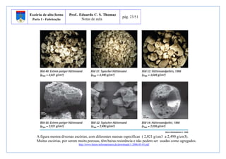 Escória de alto forno 
Parte 1 - Fabricação 
Prof.. Eduardo C. S. Thomaz 
Notas de aula 
pág. 23/51 
A figura mostra diversas escórias, com diferentes massas específicas ( 2,021 g/cm3 a 2,490 g/cm3). 
Muitas escórias, por serem muito porosas, têm baixa resistência e não podem ser usadas como agregados. 
http://www.beton-informationen.de/downloads/1-2006-05-01.pdf 
 