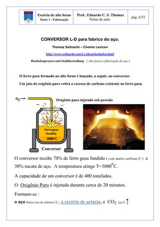 Escória de alto forno 
Parte 1 - Fabricação 
Prof.. Eduardo C. S. Thomaz 
Notas de aula 
pág. 6/51 
CONVERSOR L-D para fabrico do aço. 
Thomaz Seilnacht – Chemie Lexicon 
http://www.seilnacht.com/Lexikon/hochofen.html 
Hochofenprozess und Stahlherstellung ( Alto forno e fabricação do aço ) 
O ferro gusa formado no alto forno é lançado, a seguir, no conversor. 
Um jato de oxigênio puro retira o excesso de carbono existente no ferro gusa. 
Oxigênio puro injetado sob pressão 
Ferro gusa 
fundido 
Conversor 
O conversor recebe 70% de ferro gusa fundido ( com muito carbono C ) e 
o 
30% sucata de aço. A temperatura atinge T=3000 
C. 
A capacidade de um conversor é de 400 toneladas. 
O Oxigênio Puro é injetado durante cerca de 20 minutos. 
Formam-se : 
o aço (baixo teor de carbono C) , a escória de aciaria, e CO2 (gás) ↑. 
 