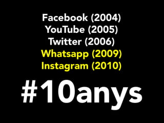 Facebook (2004)
YouTube (2005)
Twitter (2006)
Whatsapp (2009)
Instagram (2010)
#10anys
 