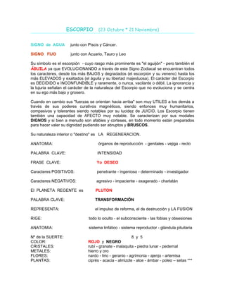 ESCORPIO

(23 Octubre * 21 Noviembre)

SIGNO de AGUA

junto con Piscis y Cáncer.

SIGNO FIJO

junto con Acuario, Tauro y L...