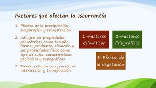Factores que afectan la escorrentía
1. Efectos de la precipitación,
evaporación y transpiración.
2. Influyen sus propiedades
geométricas como tamaño,
forma, pendiente, elevación y
sus propiedades física como
tipo de suelo, características
geológicas y topográficas.
3. Tienen relación con proceso de
intersección y transpiración.
1-Factores
Climáticos
2-Factores
fisiográficos
3-Efectos de
la vegetación
 