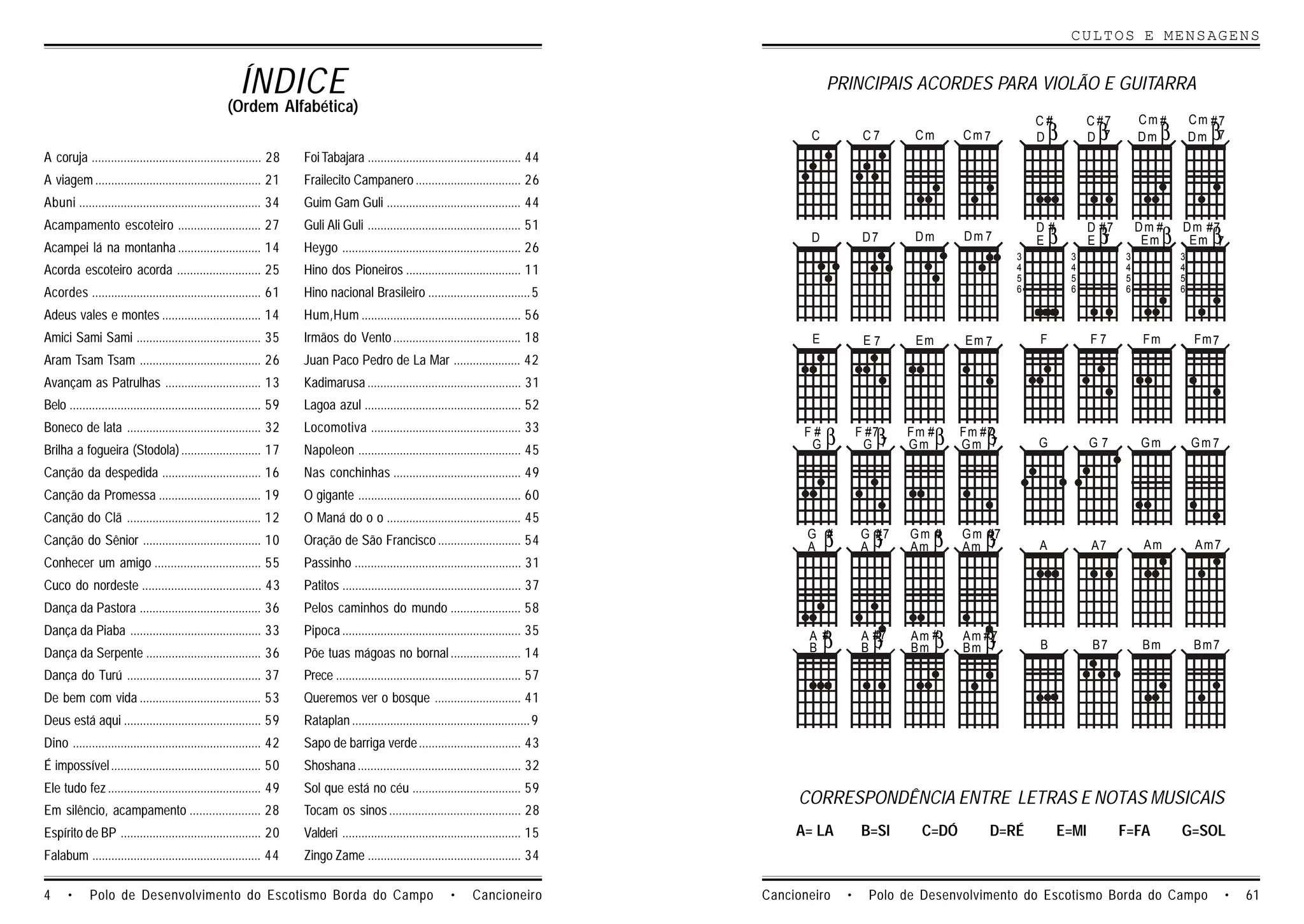 CULTOS E MENSAGENS


                                                        ÍNDICE                                                                                           PRINCIPAIS ACORDES PARA VIOLÃO E GUITARRA
                                                     (Ordem Alfabética)
                                                                                                                                                                                                C#          C #7       Cm #          Cm #7
                                                                                                                                                    C            C7      Cm        Cm 7         D   β        β
                                                                                                                                                                                                            D 7        Dm β             β
                                                                                                                                                                                                                                     Dm 7
A coruja ..................................................... 28      Foi Tabajara ................................................ 44
A viagem .................................................... 21       Frailecito Campanero ................................. 26
Abuni ......................................................... 34     Guim Gam Guli .......................................... 44
Acampamento escoteiro .......................... 27                    Guli Ali Guli ................................................ 51
                                                                                                                                                                                                    β        β               β          β
                                                                                                                                                                                                D#          D #7       Dm #      D m #7
                                                                                                                                                    D            D7      Dm        Dm 7         E           E 7         Em        Em 7
Acampei lá na montanha .......................... 14                   Heygo ........................................................ 26
                                                                                                                                                                                            3           3          3             3
Acorda escoteiro acorda .......................... 25                  Hino dos Pioneiros .................................... 11                                                           4           4          4             4
                                                                                                                                                                                            5           5          5             5
Acordes ..................................................... 61       Hino nacional Brasileiro ................................ 5                                                          6           6          6             6

Adeus vales e montes ............................... 14                Hum,Hum .................................................. 56
Amici Sami Sami ....................................... 35             Irmãos do Vento ........................................ 18                   E            E7     Em        Em 7         F           F7          Fm           Fm 7
Aram Tsam Tsam ...................................... 26               Juan Paco Pedro de La Mar ..................... 42
Avançam as Patrulhas .............................. 13                 Kadimarusa ................................................ 31
Belo ............................................................ 59   Lagoa azul ................................................. 52

                                                                                                                                                         β         β           β      β
Boneco de lata .......................................... 32           Locomotiva ............................................... 33               F#            F #7   Fm #       Fm #7
Brilha a fogueira (Stodola) ......................... 17               Napoleon ................................................... 45              G             G 7   Gm         Gm 7         G           G7         Gm            Gm7

Canção da despedida ............................... 16                 Nas conchinhas ........................................ 49
Canção da Promessa ................................ 19                 O gigante ................................................... 60
Canção do Clã .......................................... 12            O Maná do o o .......................................... 45
Canção do Sênior ..................................... 10              Oração de São Francisco .......................... 54                        G #
                                                                                                                                                    A    β         β
                                                                                                                                                                 G #7
                                                                                                                                                                 A 7    Am β
                                                                                                                                                                        Gm #
                                                                                                                                                                                      β
                                                                                                                                                                                   G m #7
                                                                                                                                                                                   Am 7         A           A7          Am           Am 7
Conhecer um amigo ................................. 55                 Passinho .................................................... 31
Cuco do nordeste ..................................... 43              Patitos ........................................................ 37
Dança da Pastora ...................................... 36             Pelos caminhos do mundo ...................... 58

                                                                                                                                                         β         β          β
Dança da Piaba ......................................... 33            Pipoca ........................................................ 35
Dança da Serpente .................................... 36              Põe tuas mágoas no bornal ...................... 14
                                                                                                                                                    A #
                                                                                                                                                    B
                                                                                                                                                                 A #7
                                                                                                                                                                 B 7
                                                                                                                                                                        Am #
                                                                                                                                                                        Bm            β
                                                                                                                                                                                   Am #7
                                                                                                                                                                                   Bm 7         B           B7          Bm           Bm 7

Dança do Turú .......................................... 37            Prece .......................................................... 57
De bem com vida ...................................... 53              Queremos ver o bosque ........................... 41
Deus está aqui ........................................... 59          Rataplan ........................................................ 9
Dino ........................................................... 42    Sapo de barriga verde ................................ 43
É impossível ............................................... 50        Shoshana ................................................... 32
Ele tudo fez ................................................ 49       Sol que está no céu .................................. 59
                                                                                                                                                  CORRESPONDÊNCIA ENTRE LETRAS E NOTAS MUSICAIS
Em silêncio, acampamento ...................... 28                     Tocam os sinos ......................................... 28
Espírito de BP ............................................ 20         Valderi ........................................................ 15        A= LA          B=SI     C=DÓ         D=RÉ          E=MI          F=FA          G=SOL
Falabum ..................................................... 44       Zingo Zame ................................................ 34

4     •      Polo de Desenvolvimento do Escotismo Borda do Campo                                                 •     Cancioneiro           Cancioneiro     •    Polo de Desenvolvimento do Escotismo Borda do Campo                        •   61
 