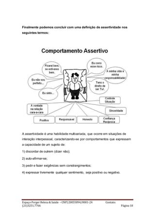 Espaço Perger Beleza & Saúde – CNPJ 20055894/0001-24 Contato:
(21)3251.7766 Página 18
Finalmente podemos concluir com uma definição de assertividade nos
seguintes termos:
A assertividade é uma habilidade multivariada, que ocorre em situações de
interação interpessoal, caracterizando-se por comportamentos que expressam
a capacidade de um sujeito de:
1) discordar de outrem (dizer não);
2) auto-afirmar-se;
3) pedir e fazer exigências sem constrangimentos;
4) expressar livremente qualquer sentimento, seja positivo ou negativo.
 