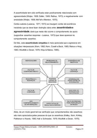 Espaço Perger Beleza & Saúde – CNPJ 20055894/0001-24 Contato:
(21)3251.7766 Página 19
A assertividade tem sido verificada estar positivamente relacionada com
agressividade (Wolpe, 1958; Salter, 1949; Rathus, 1973), e negativamente com
ansiedade (Wolpe, 1958; McFall e Marston, 1970).
Certos autores (Lazarus, 1971; 1973) se insurgem contra tal ocorrência
insistindo que se deve fazer distinção clara entre assertividadee
agressividade, dado que nesta não ocorre o comportamento de apoio
(supportive assertive response - Lazarus, 1973) que deve aparecer no
comportamento assertivo.
De fato, esta assertividade simpática é mais apreciada que a agressiva em
situações interpessoais (Kem, 1982; Kern, Cavell e Beck, 1985; Rakos e Hrop,
1983; Woolfolk e Dever, 1979; Hrop & Rakos, 1985).
Aliás, de um modo geral tem-se verificado que comportamentos não assertivos
são mais apreciados pelas pessoas do que os assertivos (Kelley, Kern, Kirkley,
Patherson e Keane, 1980; Hull e Schroeder, 1979; Woolfolk e Dever, 1979).
 