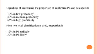 Regardless of score used, the proportion of confirmed PE can be expected
• 10% in low probability
• 30% in medium probability
• 65% in high probability
When two level classification is used, proportion is
• 12% in PE unlikely
• 30% in PE likely
 