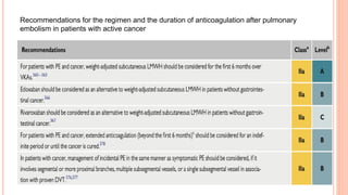 Recommendations for the regimen and the duration of anticoagulation after pulmonary
embolism in patients with active cancer
 