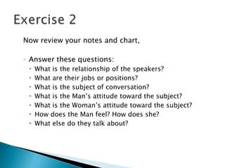 Now review your notes and chart,

◦ Answer these questions:
    What is the relationship of the speakers?
    What are their jobs or positions?
    What is the subject of conversation?
    What is the Man’s attitude toward the subject?
    What is the Woman’s attitude toward the subject?
    How does the Man feel? How does she?
    What else do they talk about?
 