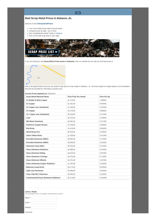 Best Scrap Metal Prices in Alabama ,AL
Welcome to the E-ScrapmetalPrices:
Your scrap metal pricing search just got easier
Compare prices by state , city or town.
Find Local/National market Trends in Alabama
Find out the best scrap yards in your state
If you are looking for best Scrap Metal Prices prices in Alabama, then our website will can help you find best prices in .
Here is the approximate pricing you can expect to get paid for scrap metals in Alabama , AL. All prices subject to change based on price fluctuation
and and are provided for information purposes only.
Current Prices Updated on: 6/03/2015
Scrap Metal/Material Name Price Price Per Pound Price Per Kg
#1 Bright & Shiny Copper $2.314/LB 1.080/KG
#1 Copper $2.291/LB 0.944/KG
#1 Copper wire (Insulated) $1.263/LB 0.535/KG
#2 Copper $2.272/LB 0.808/KG
#2 Copper wire (Insulated) $0.529/LB 0.273/KG
Lead $0.227/LB 0.100/KG
Old Sheet Aluminum $0.481/LB 0.217/KG
Radiators (Copper/Brass) $1.356/LB 0.590/KG
Red Brass $1.614/LB 0.650/KG
Steel/Scrap Iron $0.025/LB 0.036/KG
Clean Yellow Brass $1.256/LB 0.513/KG
Extruded Aluminum (6061) $0.581/LB 0.173/KG
Extruded Aluminum (6063) $0.600/LB 0.283/KG
Aluminum Cans (UBC) $0.555/LB 0.124/KG
Clean Aluminum Radiators $0.386/LB 0.242/KG
Clean Aluminum Siding $0.423/LB 0.297/KG
Clean Aluminum Turnings $0.232/LB 0.119/KG
Clean Aluminum Wheels $0.431/LB 0.307/KG
Clean Aluminum/Copper Radiators $1.187/LB 0.429/KG
Batteries (Lead/Acid) $0.172/LB 0.078/KG
Light Cast Aluminum $0.484/LB 0.204/KG
Clean Clip/MLC Aluminum $0.484/LB 0.235/KG
Contaminated/Irony Aluminum Radiators $0.213/LB 0.182/KG
Leave a Reply
Your email address will not be published. Required fields are marked *
Comment
MENU
Name *
Email *
Website
 