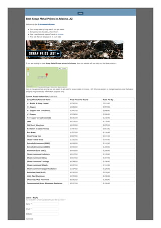 Best Scrap Metal Prices in Arizona ,AZ
Welcome to the E-ScrapmetalPrices:
Your scrap metal pricing search just got easier
Compare prices by state , city or town.
Find Local/National market Trends in Arizona
Find out the best scrap yards in your state
If you are looking for best Scrap Metal Prices prices in Arizona, then our website will can help you find best prices in .
Here is the approximate pricing you can expect to get paid for scrap metals in Arizona , AZ. All prices subject to change based on price fluctuation
and and are provided for information purposes only.
Current Prices Updated on: 5/04/2015
Scrap Metal/Material Name Price Price Per Pound Price Per Kg
#1 Bright & Shiny Copper $2.382/LB 1.011/KG
#1 Copper $2.302/LB 0.997/KG
#1 Copper wire (Insulated) $1.441/LB 0.698/KG
#2 Copper $2.248/LB 0.996/KG
#2 Copper wire (Insulated) $0.361/LB 0.216/KG
Lead $0.318/LB 0.179/KG
Old Sheet Aluminum $0.434/LB 0.225/KG
Radiators (Copper/Brass) $1.467/LB 0.663/KG
Red Brass $1.537/LB 0.719/KG
Steel/Scrap Iron $0.027/LB 0.031/KG
Clean Yellow Brass $1.362/LB 0.541/KG
Extruded Aluminum (6061) $0.490/LB 0.142/KG
Extruded Aluminum (6063) $0.593/LB 0.269/KG
Aluminum Cans (UBC) $0.419/LB 0.200/KG
Clean Aluminum Radiators $0.415/LB 0.210/KG
Clean Aluminum Siding $0.517/LB 0.207/KG
Clean Aluminum Turnings $0.388/LB 0.198/KG
Clean Aluminum Wheels $0.497/LB 0.312/KG
Clean Aluminum/Copper Radiators $1.104/LB 0.326/KG
Batteries (Lead/Acid) $0.285/LB 0.039/KG
Light Cast Aluminum $0.493/LB 0.256/KG
Clean Clip/MLC Aluminum $0.582/LB 0.295/KG
Contaminated/Irony Aluminum Radiators $0.207/LB 0.199/KG
Leave a Reply
Your email address will not be published. Required fields are marked *
Comment
MENU
Report a map error
Map Satellite
Map data ©2015 Google Terms of Use
Name *
Email *
Website
 