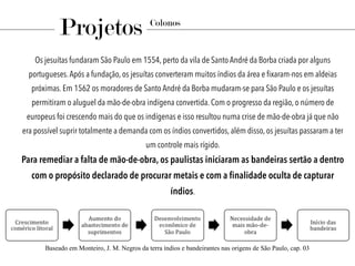 Os jesuítas fundaram São Paulo em 1554, perto da vila de Santo André da Borba criada por alguns
portugueses.Após a fundação, os jesuítas converteram muitos índios da área e ﬁxaram-nos em aldeias
próximas. Em 1562 os moradores de Santo André da Borba mudaram-se para São Paulo e os jesuítas
permitiram o aluguel da mão-de-obra indígena convertida. Com o progresso da região, o número de
europeus foi crescendo mais do que os indígenas e isso resultou numa crise de mão-de-obra já que não
era possível suprir totalmente a demanda com os índios convertidos, além disso, os jesuítas passaram a ter
um controle mais rígido.
Para remediar a falta de mão-de-obra, os paulistas iniciaram as bandeiras sertão a dentro
com o propósito declarado de procurar metais e com a ﬁnalidade oculta de capturar
índios.
Projetos Colonos
Baseado em Monteiro, J. M. Negros da terra índios e bandeirantes nas origens de São Paulo, cap. 03
 