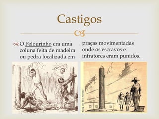 Castigos

 O Pelourinho era uma
coluna feita de madeira
ou pedra localizada em

praças movimentadas
onde os escravos e
infratores eram punidos.

 