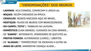 - LADINOS: ACULTURADOS, CONHECIAM A LINGUA etc.
- BOÇAIS: RECÉM-CHEGADOS DA ÁFRICA.
- CRIOULOS: NEGROS NASCIDOS AQUI NO BRASIL.
- MESTIÇOS: FILHOS DE NEGROS COM BRANCOS/ÍNDIOS.
- DO CAMPO (“EITO”): TRABALHO NA LAVOURA.
- DOMÉSTICO (CASA GRANDE): CUIDADOS DA CASA GRANDE...
- DE “GANHO”: ARTESANATO, VENDEDORES DE QUITUTES etc.
- PRETOS FORROS: ALFORRIADOS (LIVRES) / LIBERTOS.
- DE “ALUGUEL”: “EMPRÉSTIMOS” DE ESCRAVOS A OUTRO SR.
- AMAS DE LEITE: AMAMENTAR CRIANÇA ALHEIA...
“DENOMINAÇÕES” DOS NEGROS
13
 