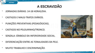 A ESCRAVIDÃO
- JORNADAS DIÁRIAS: 14-18 HORAS/DIA.
- CASTIGOS E MAUS-TRATOS DIÁRIOS.
- PUNIÇÕES PREVENTIVAS (PEDAGÓGICAS).
- CASTIGOS NO PELOURINHO/TRONCO.
- SENZALA: SÍMBOLO DA INFERIORIDADE SOCIAL.
- DIFERENCIAÇÃO ENTRE AS TONALIDADES DA PELE.
- MUITO TRABALHO E DISCRIMINAÇÃO.
20
 