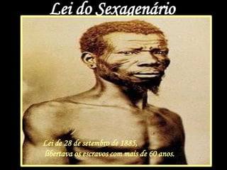 Lei do Sexagenário
Lei de 28 de setembro de 1885,
libertava os escravos com mais de 60 anos.
 