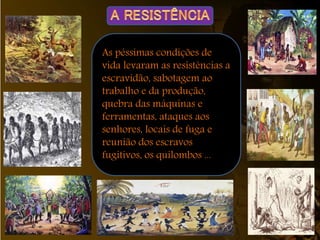 As péssimas condições de
vida levaram as resistências a
escravidão, sabotagem ao
trabalho e da produção,
quebra das máquinas e
ferramentas, ataques aos
senhores, locais de fuga e
reunião dos escravos
fugitivos, os quilombos ...
 