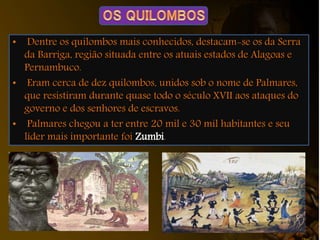 • Dentre os quilombos mais conhecidos, destacam-se os da Serra
da Barriga, região situada entre os atuais estados de Alagoas e
Pernambuco.
• Eram cerca de dez quilombos, unidos sob o nome de Palmares,
que resistiram durante quase todo o século XVII aos ataques do
governo e dos senhores de escravos.
• Palmares chegou a ter entre 20 mil e 30 mil habitantes e seu
líder mais importante foi Zumbi.
 
