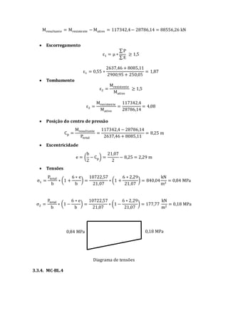 Mresultante = Mresistente − Mativo = 117342,4− 28786,14 = 88556,26 kN
 Escorregamento
ε1 = μ ∗
∑ P
∑ E
≥ 1,5
ε1 = 0,55 ∗
2637,46 + 8085,11
2900,95 + 250,05
= 1,87
 Tombamento
ε2 =
Mresistente
Mativo
≥ 1,5
ε2 =
Mresistente
Mativo
=
117342,4
28786,14
= 4,08
 Posição do centro de pressão
Cp =
Mresultante
Ptotal
=
117342,4 − 28786,14
2637,46 + 8085,11
= 8,25 m
 Excentricidade
e = (
b
2
− Cp) =
21,07
2
− 8,25 = 2,29 m
 Tensões
σ1 =
Ptotal
b
∗ (1 +
6 ∗ e
b
) =
10722,57
21,07
∗ (1 +
6 ∗ 2,29
21,07
) = 840,04
kN
m2
= 0,84 MPa
σ2 =
Ptotal
b
∗ (1 −
6 ∗ e
b
) =
10722,57
21,07
∗ (1 −
6 ∗ 2,29
21,07
) = 177,77
kN
m2
= 0,18 MPa
Diagrama de tensões
3.3.4. MC-BL.4
0,84 MPa 0,18 MPa
 