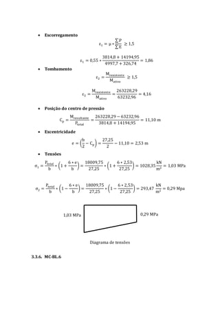  Escorregamento
ε1 = μ ∗
∑ P
∑ E
≥ 1,5
ε1 = 0,55 ∗
3814,8 + 14194,95
4997,7 + 326,74
= 1,86
 Tombamento
ε2 =
Mresistente
Mativo
≥ 1,5
ε2 =
Mresistente
Mativo
=
263228,29
63232,96
= 4,16
 Posição do centro de pressão
Cp =
Mresultante
Ptotal
=
263228,29 − 63232,96
3814,8 + 14194,95
= 11,10 m
 Excentricidade
e = (
b
2
− Cp) =
27,25
2
− 11,10 = 2,53 m
 Tensões
σ1 =
Ptotal
b
∗ (1 +
6 ∗ e
b
) =
18009,75
27,25
∗ (1 +
6 ∗ 2,53
27,25
) = 1028,35
kN
m2
= 1,03 MPa
σ2 =
Ptotal
b
∗ (1 −
6 ∗ e
b
) =
18009,75
27,25
∗ (1 −
6 ∗ 2,53
27,25
) = 293,47
kN
m2
= 0,29 Mpa
Diagrama de tensões
3.3.6. MC-BL.6
1,03 MPa 0,29 MPa
 