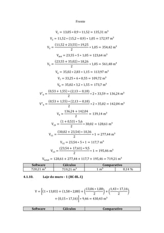 Frente
V1 = 13,05 ∗ 0,9 ∗ 11,52 = 135,31 m³
V2 = 11,52 ∗ (15,2 − 0,9) ∗ 1,05 = 172,97 m³
V3 =
(11,52 + 23,55) ∗ 19,25
2
∗ 1,05 = 354,42 m³
Vm4 = 23,55 ∗ 5 ∗ 1,05 = 123,64 m³
V5 =
(23,55 + 35,02) ∗ 18,26
2
∗ 1,05 = 561,48 m³
V6 = 35,02 ∗ 2,83 ∗ 1,15 = 113,97 m³
V7 = 33,25 ∗ 6 ∗ 0,55 = 109,72 m³
V8 = 35,02 ∗ 3,2 ∗ 1,55 = 173,7 m³
V′9 =
(0,53 + 1,55) ∗ (2,13 − 0,18)
2
∗ 2 ∗ 33,59 = 136,24 m³
V"9 =
(0,53 + 1,55) ∗ (2,13 − 0,18)
2
∗ 2 ∗ 35,02 = 142,04 m³
V9 =
136,24 + 142,04
2
= 139,14 m³
V10 =
(1 + 0,53) ∗ 5,6
2
∗ 30,02 = 128,61 m³
V11 =
(30,02 + 23,54) ∗ 10,36
2
∗ 1 = 277,44 m³
V12 = 23,54 ∗ 5 ∗ 1 = 117,7 m³
V13 =
(23,54 + 17,61) ∗ 9,5
2
∗ 1 = 195,46 m³
Vtotal = 128,61 + 277,44 + 117,7 + 195,46 = 719,21 m³
Software Cálculos Comparativo
720,21 m³ 719,21 m³ 1 m³ 0,14 %
4.1.10. Laje do muro - 1 (BC-BL.1)
V = [(1 ∗ 13,83) + (1,58 ∗ 2,88) + (
13,06 ∗ 1,88
2
) + (
1,43 ∗ 17,16
2
)
+ (0,15 ∗ 17,16)] ∗ 9,46 = 430,43 m³
Software Cálculos Comparativo
 