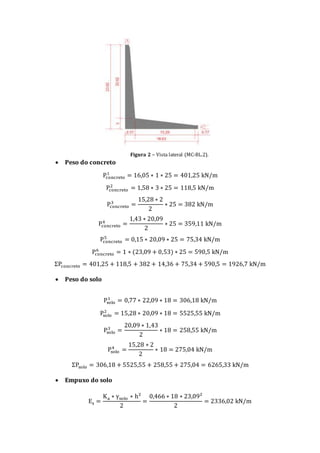 Figura 2 – Vista lateral (MC-BL.2).
 Peso do concreto
Pconcreto
1
= 16,05 ∗ 1 ∗ 25 = 401,25 kN/m
Pconcreto
2
= 1,58 ∗ 3 ∗ 25 = 118,5 kN/m
Pconcreto
3
=
15,28 ∗ 2
2
∗ 25 = 382 kN/m
Pconcreto
4
=
1,43 ∗ 20,09
2
∗ 25 = 359,11 kN/m
Pconcreto
5
= 0,15 ∗ 20,09 ∗ 25 = 75,34 kN/m
Pconcreto
6
= 1 ∗ (23,09 + 0,53) ∗ 25 = 590,5 kN/m
ΣPconcreto = 401,25 + 118,5 + 382 + 14,36 + 75,34 + 590,5 = 1926,7 kN/m
 Peso do solo
Psolo
1
= 0,77 ∗ 22,09 ∗ 18 = 306,18 kN/m
Psolo
2
= 15,28 ∗ 20,09 ∗ 18 = 5525,55 kN/m
Psolo
3
=
20,09 ∗ 1,43
2
∗ 18 = 258,55 kN/m
Psolo
4
=
15,28 ∗ 2
2
∗ 18 = 275,04 kN/m
ΣPsolo = 306,18 + 5525,55 + 258,55 + 275,04 = 6265,33 kN/m
 Empuxo do solo
Es =
Ka ∗ γsolo ∗ h²
2
=
0,466 ∗ 18 ∗ 23,09²
2
= 2336,02 kN/m
 