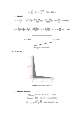 e = (
b
2
− Cp) =
18,63
2
− 7,43 = 1,88 m
 Tensões
σ1 =
Ptotal
b
∗ (1 +
6 ∗ e
b
) =
8292,03
18,63
∗ (1 +
6 ∗ 1,88
18,63
) = 715,3
kN
m2
= 0,72 Mpa
σ2 =
Ptotal
b
∗ (1 −
6 ∗ e
b
) =
8292,03
18,63
∗ (1 −
6 ∗ 1,88
18,63
) = 174,88
kN
m2
= 0,17 MPa
Diagrama de tensões
3.3.3. MC-BL.3
Figura 3 – Vista lateral (MC-BL.3).
 Peso do concreto
Pconcreto
1
= 17,48 ∗ 1 ∗ 25 = 437 kN/m
Pconcreto
2
= 2,59 ∗ 3,5 ∗ 25 = 226,63 kN/m
Pconcreto
3
=
16,71 ∗ 2,5
2
∗ 25 = 522,19 kN/m
0,72 MPa 0,17 MPa
 
