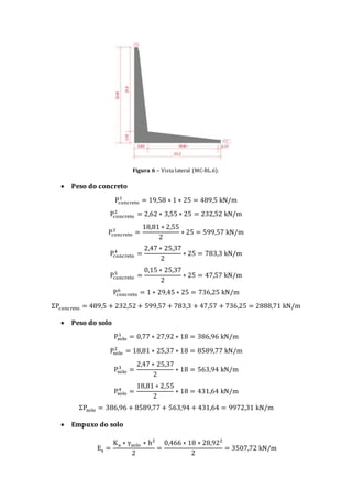 Figura 6 – Vista lateral (MC-BL.6).
 Peso do concreto
Pconcreto
1
= 19,58 ∗ 1 ∗ 25 = 489,5 kN/m
Pconcreto
2
= 2,62 ∗ 3,55 ∗ 25 = 232,52 kN/m
Pconcreto
3
=
18,81 ∗ 2,55
2
∗ 25 = 599,57 kN/m
Pconcreto
4
=
2,47 ∗ 25,37
2
∗ 25 = 783,3 kN/m
Pconcreto
5
=
0,15 ∗ 25,37
2
∗ 25 = 47,57 kN/m
Pconcreto
6
= 1 ∗ 29,45 ∗ 25 = 736,25 kN/m
ΣPconcreto = 489,5 + 232,52 + 599,57 + 783,3 + 47,57 + 736,25 = 2888,71 kN/m
 Peso do solo
Psolo
1
= 0,77 ∗ 27,92 ∗ 18 = 386,96 kN/m
Psolo
2
= 18,81 ∗ 25,37 ∗ 18 = 8589,77 kN/m
Psolo
3
=
2,47 ∗ 25,37
2
∗ 18 = 563,94 kN/m
Psolo
4
=
18,81 ∗ 2,55
2
∗ 18 = 431,64 kN/m
ΣPsolo = 386,96 + 8589,77 + 563,94 + 431,64 = 9972,31 kN/m
 Empuxo do solo
Es =
Ka ∗ γsolo ∗ h²
2
=
0,466 ∗ 18 ∗ 28,92²
2
= 3507,72 kN/m
 