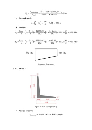 Cp =
Mresultante
Ptotal
=
154117,04− 37856,05
2888,71 + 9972,31
= 9,04 m
 Excentricidade
e = (
b
2
− Cp) =
23,2
2
− 9,04 = 2,56 m
 Tensões
σ1 =
Ptotal
b
∗ (1 +
6 ∗ e
b
) =
12861,02
23,2
∗ (1 +
6 ∗ 2,56
23,2
) = 921,38
kN
m2
= 0,92 MPa
σ2 =
Ptotal
b
∗ (1 −
6 ∗ e
b
) =
12861,02
23,2
∗ (1 −
6 ∗ 2,56
23,2
) = 187,33
kN
m2
= 0,19 MPa
Diagrama de tensões
3.3.7. MC-BL.7
Figura 7 – Vista lateral (MC-BL.7).
 Peso do concreto
Pconcreto
1
= 16,05 ∗ 1 ∗ 25 = 401,25 kN/m
0,92 MPa 0,19 MPa
 