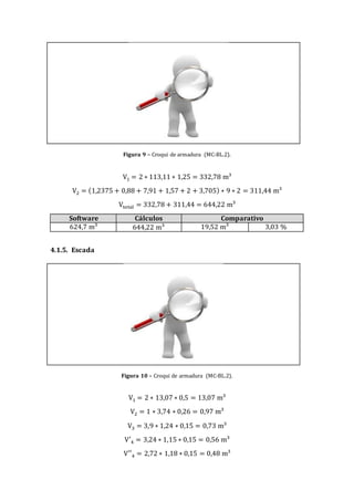 Figura 9 – Croqui de armadura (MC-BL.2).
V1 = 2 ∗ 113,11 ∗ 1,25 = 332,78 m³
V2 = (1,2375 + 0,88 + 7,91 + 1,57 + 2 + 3,705) ∗ 9 ∗ 2 = 311,44 m³
Vtotal = 332,78 + 311,44 = 644,22 m³
Software Cálculos Comparativo
624,7 m³ 644,22 m³ 19,52 m³ 3,03 %
4.1.5. Escada
Figura 10 – Croqui de armadura (MC-BL.2).
V1 = 2 ∗ 13,07 ∗ 0,5 = 13,07 m³
V2 = 1 ∗ 3,74 ∗ 0,26 = 0,97 m³
V3 = 3,9 ∗ 1,24 ∗ 0,15 = 0,73 m³
V′4 = 3,24 ∗ 1,15 ∗ 0,15 = 0,56 m³
V′′4 = 2,72 ∗ 1,18 ∗ 0,15 = 0,48 m³
 
