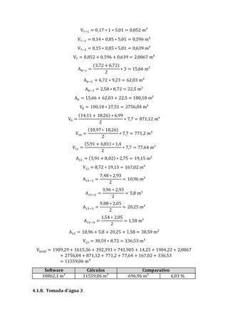 V7−1 = 0,17 ∗ 1 ∗ 5,01 = 0,852 m³
V7−2 = 0,14 ∗ 0,85 ∗ 5,01 = 0,596 m³
V7−3 = 0,15 ∗ 0,85 ∗ 5,01 = 0,639 m³
V7 = 0,852 + 0,596 + 0,639 = 2,0867 m³
A8−1 =
(3,72 + 6,72)
2
∗ 3 = 15,66 m²
A8−2 = 6,72 ∗ 9,23 = 62,03 m²
A8−3 = 2,58 ∗ 8,72 = 22,5 m²
A8 = 15,66 + 62,03 + 22,5 = 100,18 m²
V8 = 100,18 ∗ 27,51 = 2756,04 m³
V9 =
(14,11 + 18,26) ∗ 6,99
2
∗ 7,7 = 871,12 m³
V10 =
(10,97∗ 18,26)
2
∗ 7,7 = 771,2 m³
V11 =
(5,91 + 6,81) ∗ 1,4
2
∗ 7,7 = 77,64 m³
A12 = (5,91 + 8,02) ∗ 2,75 = 19,15 m²
V12 = 8,72 ∗ 19,15 = 167,02 m³
A13−1 =
7,48 ∗ 2,93
2
= 10,96 m²
A13−2 =
3,96 ∗ 2,93
2
= 5,8 m²
A13−3 =
9,88 ∗ 2,05
2
= 20,25 m²
A13−4 =
1,54 ∗ 2,05
2
= 1,58 m²
A13 = 10,96 + 5,8 + 20,25 + 1,58 = 38,59 m²
V13 = 38,59 ∗ 8,72 = 336,53 m³
Vtotal = 1909,29 + 1615,36 + 392,393 + 741,905 + 14,25 + 1904,22 + 2,0867
+ 2756,04 + 871,12 + 771,2 + 77,64 + 167,02 + 336,53
= 11559,06 m³
Software Cálculos Comparativo
10862,1 m³ 11559,06 m³ 696,96 m³ 6,03 %
4.1.8. Tomada d’água 3
 
